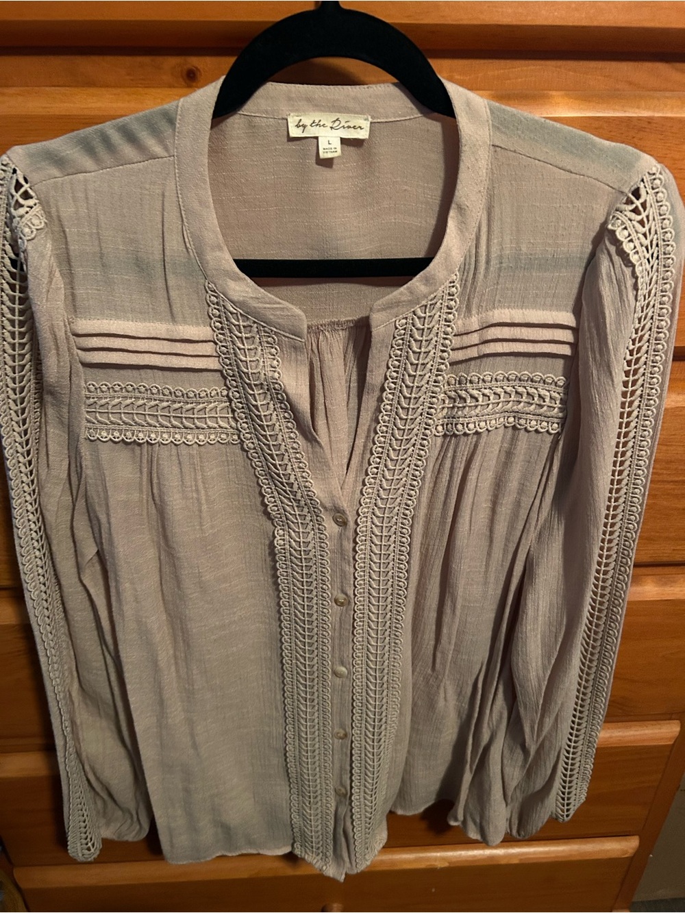 Free People; By the River, Dusty Sand Crochet-Trim Button-Front Blouse